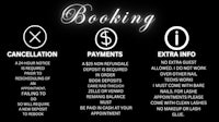 a black and white poster with the words booking, cancellation, and payment